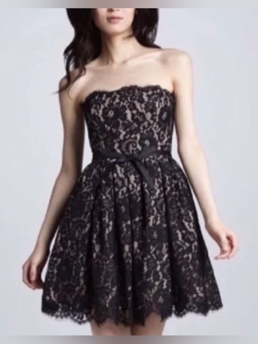 Strapless Black Lace Cocktail Dress with Bow-Accent Waist